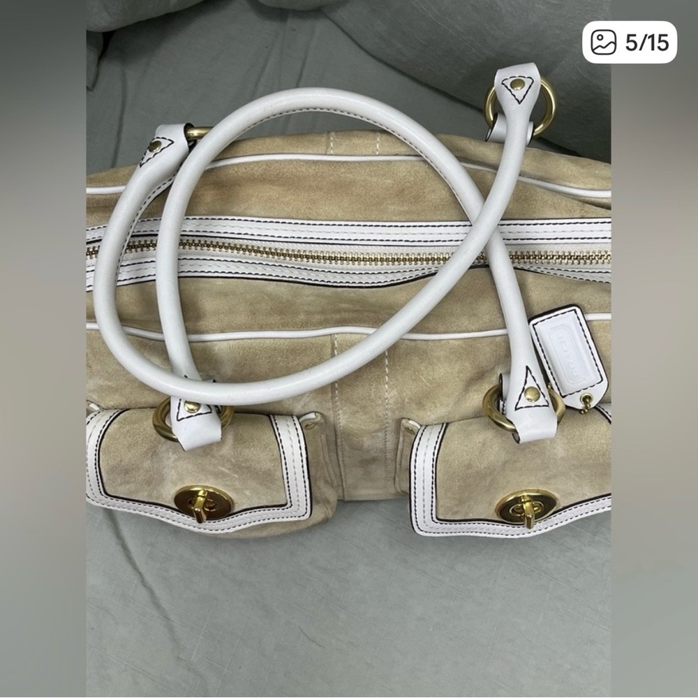 Vintage Coach Beige Suede and White Leather Handbag with Gold Accents - Picture 3 of 9
